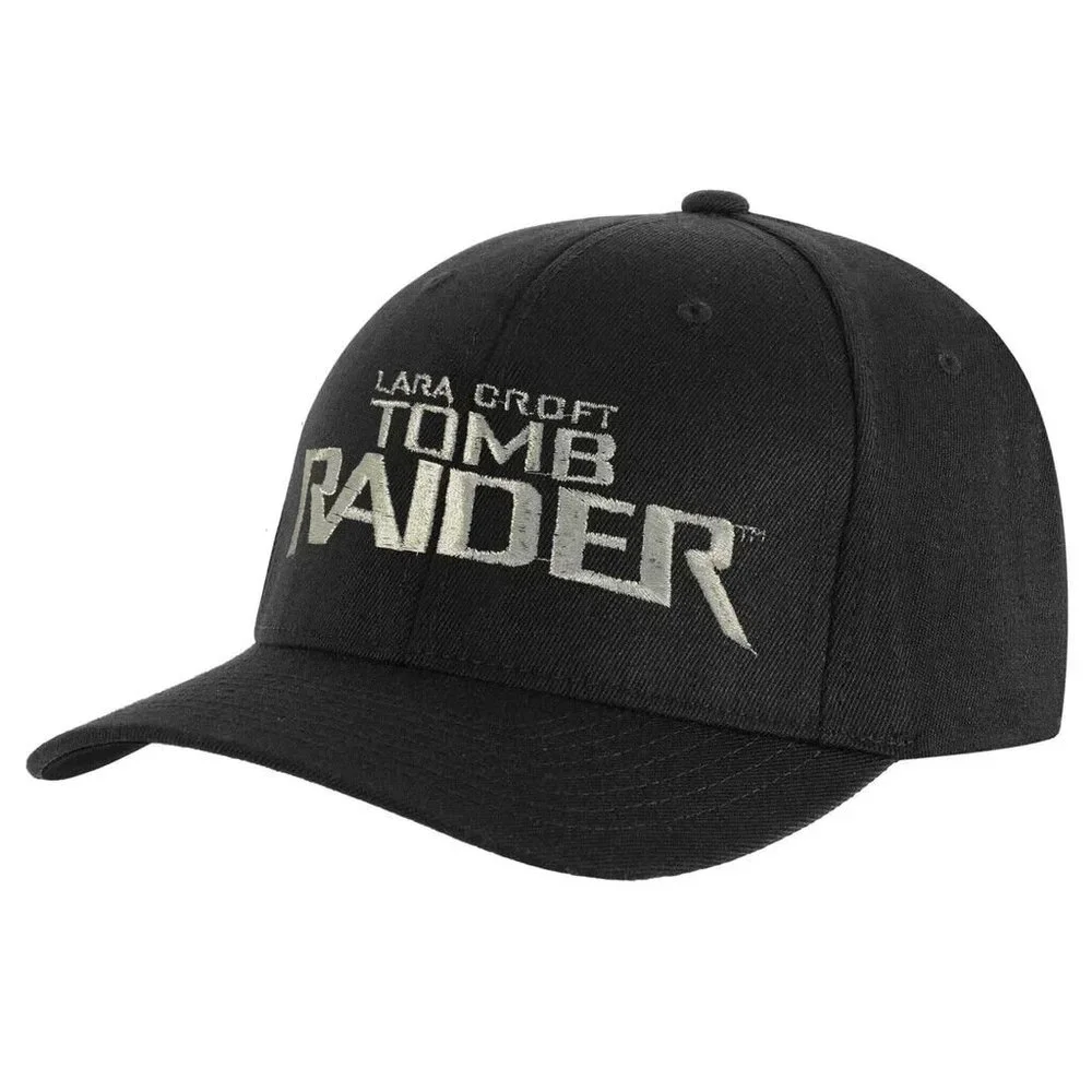 Lara Croft Tomb Raider Mens Embroidered Silver Logo Black Cap Hat New L/XL
